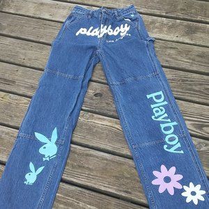Playboy Los Angeles Pac Sun applique Blue Denim High Rise Carpenter Jeans Sz 25